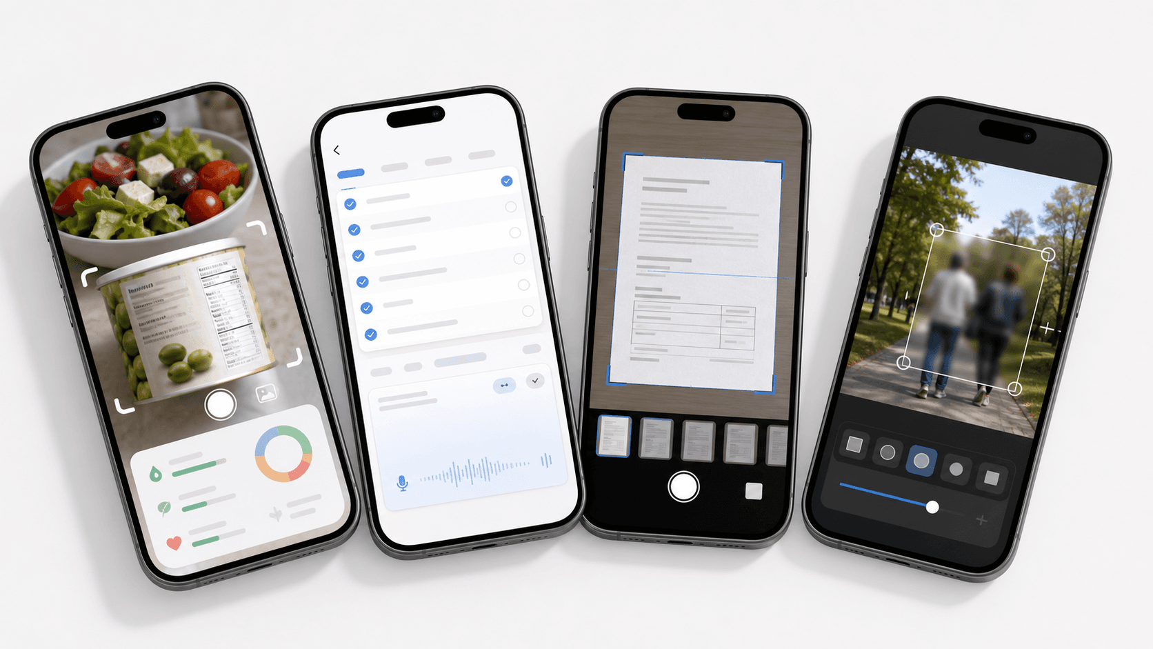 Four mobile app screens showing food scanning, clinical notes, document scanning, and photo blur tools.